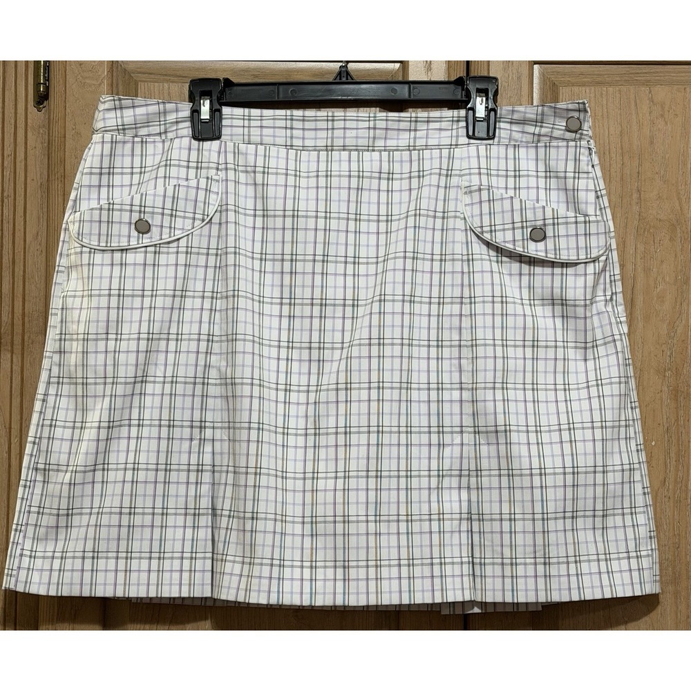 IZOD XFG Plaid Pleated Golf Skort Skirt Size 16 Side Zip Cotton Pockets Cool FX